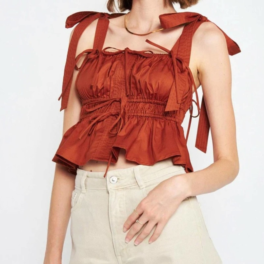 NWT En Saison Anthropologie Peplum Top with Square Neck and Decorative Ties
